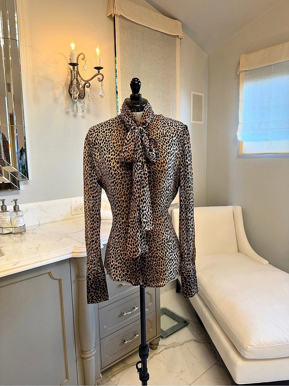 D&G Leopard Print Silk Tie-Neck Blouse